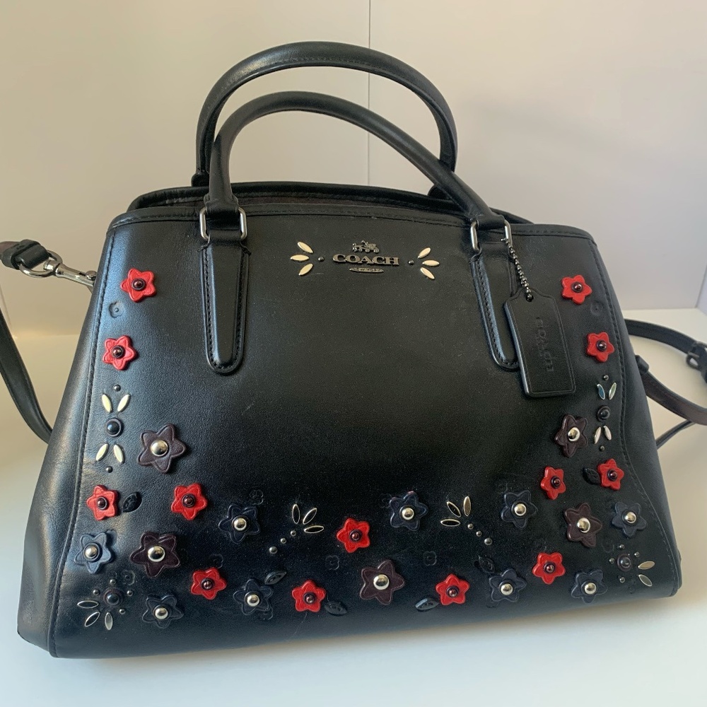 Coach Black Leather Embellished Margot Carryall Satchel